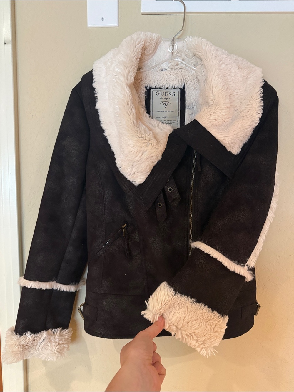 GUESS Dark Brown Suede Jacket with Cream Faux Shearling Collar